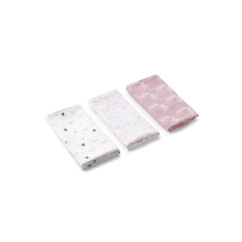 Set 3 Mini Muselinas Tous Rosa personalizado - regalo bebé | Mi Luna Lunera