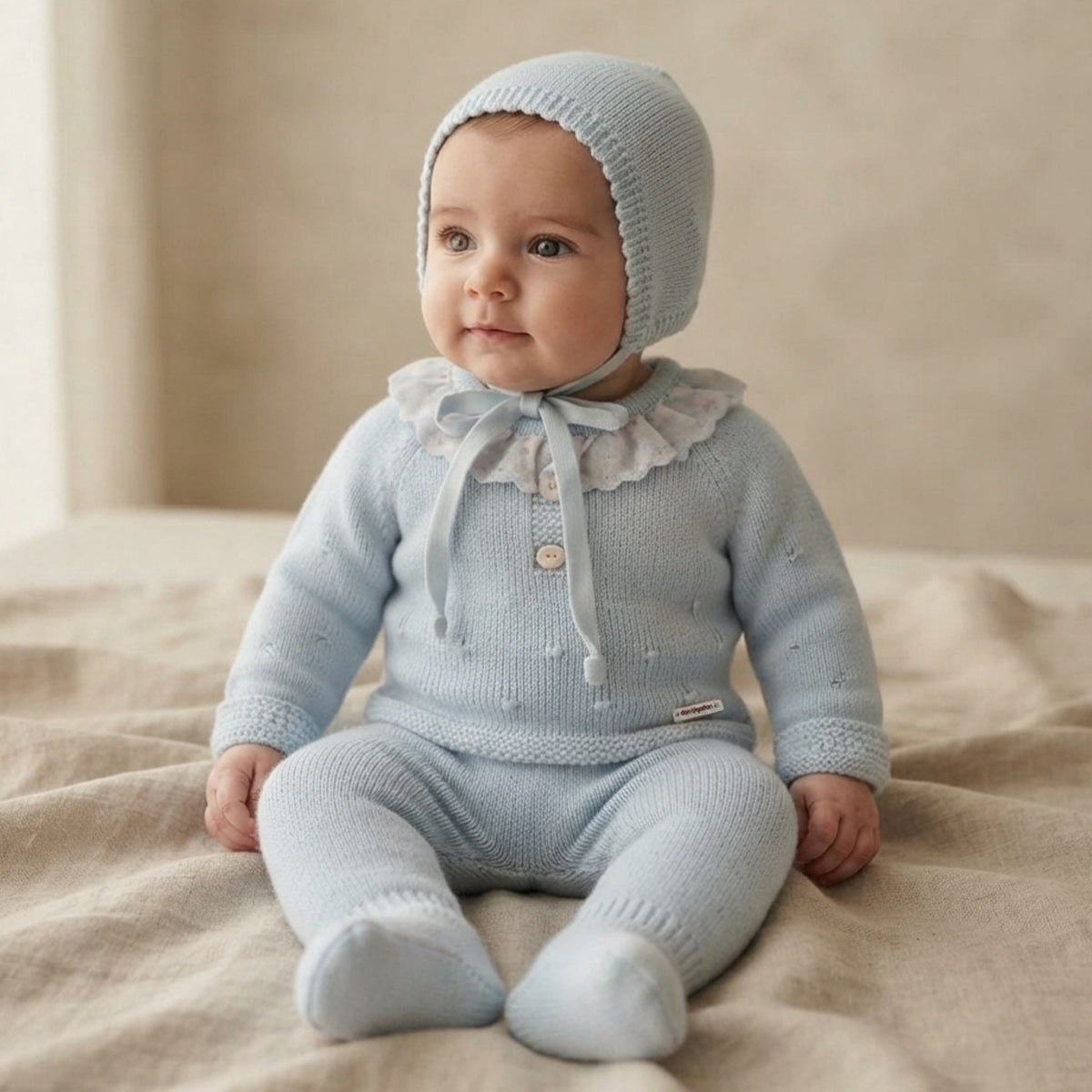 Conjunto de Punto para Bebé con Cuello Plumeti – Celeste