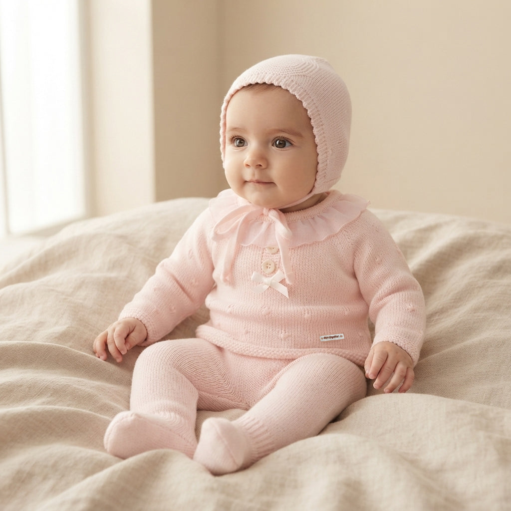 Conjunto de Punto para Bebé con Cuello Plumeti – Rosa