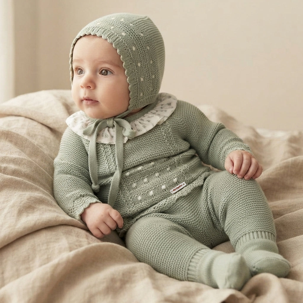 Conjunto de Punto para Bebé con Cuello Floral – Verde