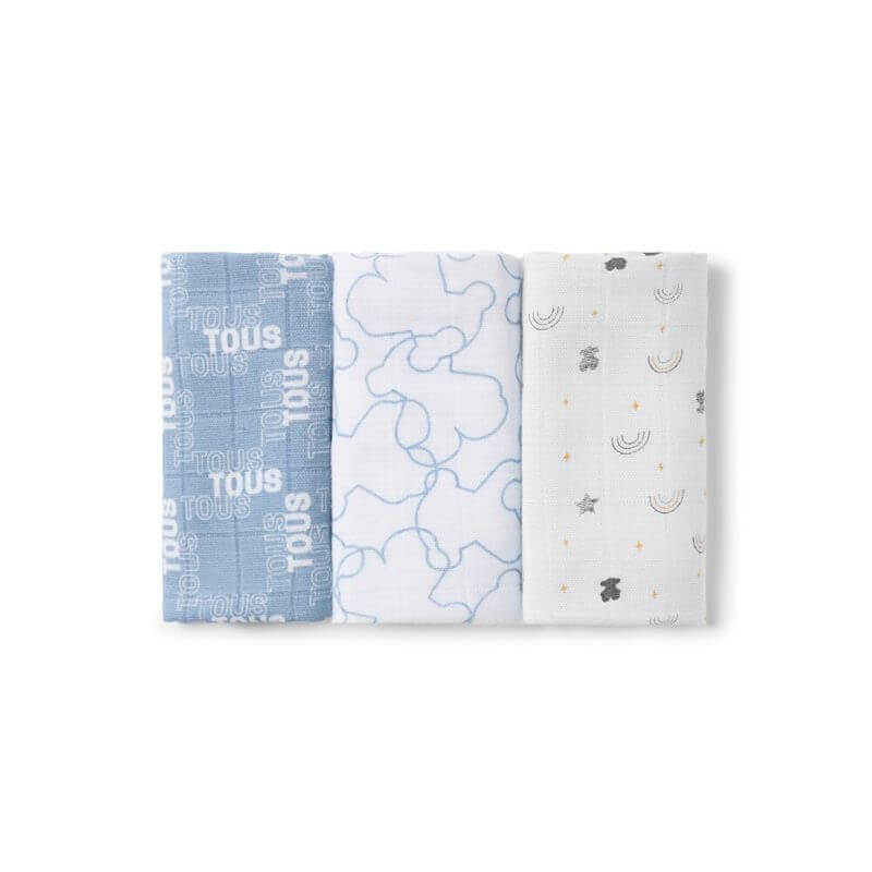 Set 3 Mini Muselinas Tous Azul personalizado - regalo bebé | Mi Luna Lunera