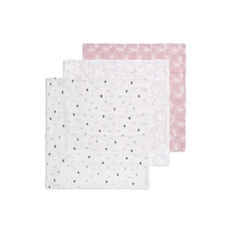 Set 3 Mini Muselinas Tous Rosa personalizado - regalo bebé | Mi Luna Lunera